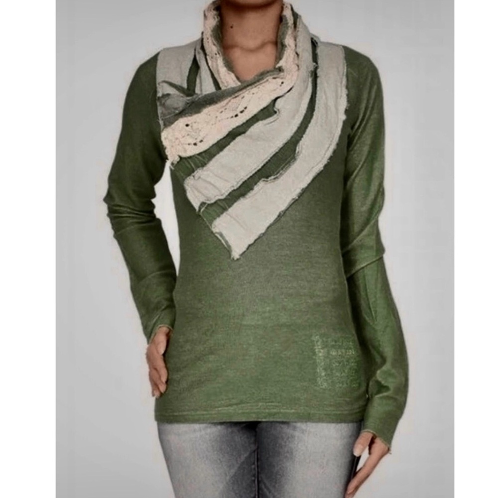Desigual Shawl Neck Top ~ Olive Green with Ivory Lace